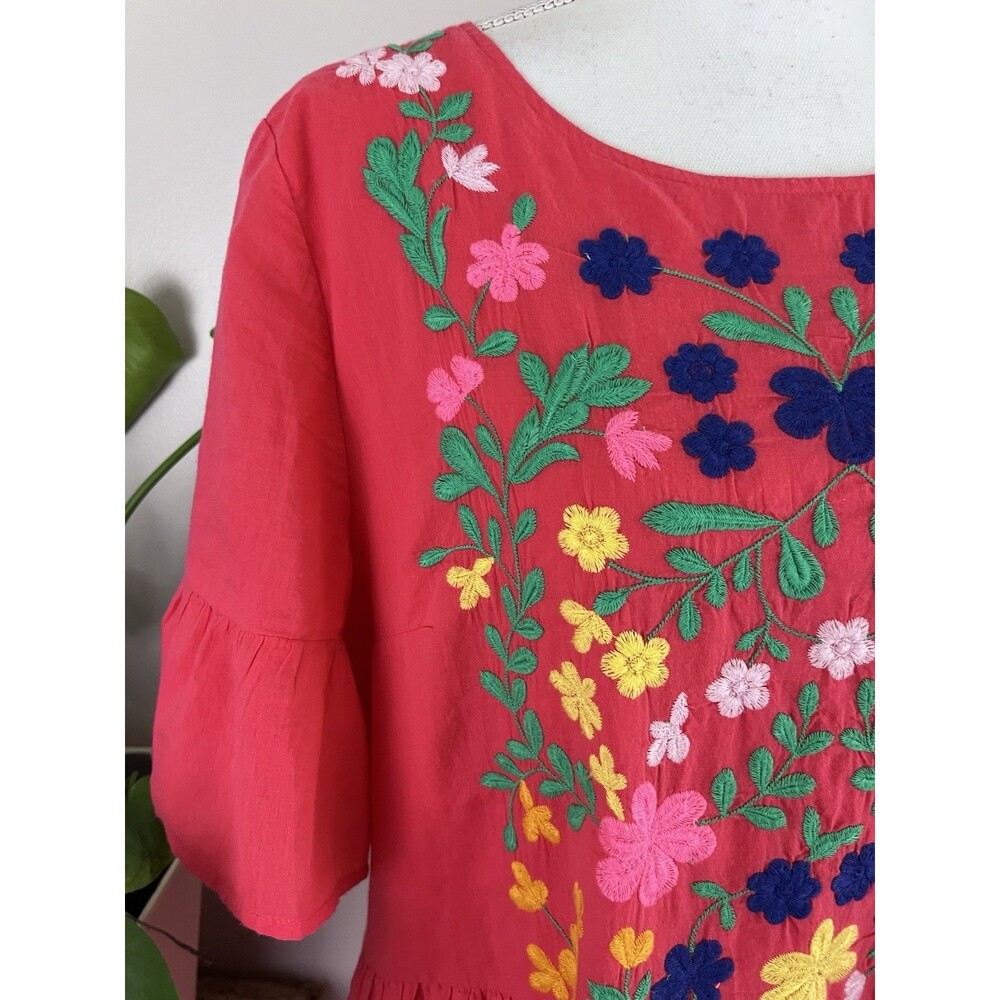 Crown & Ivy Hot Pink Floral Embroidered Boho Cottagecore Babydoll Dress XL - Picture 2 of 9